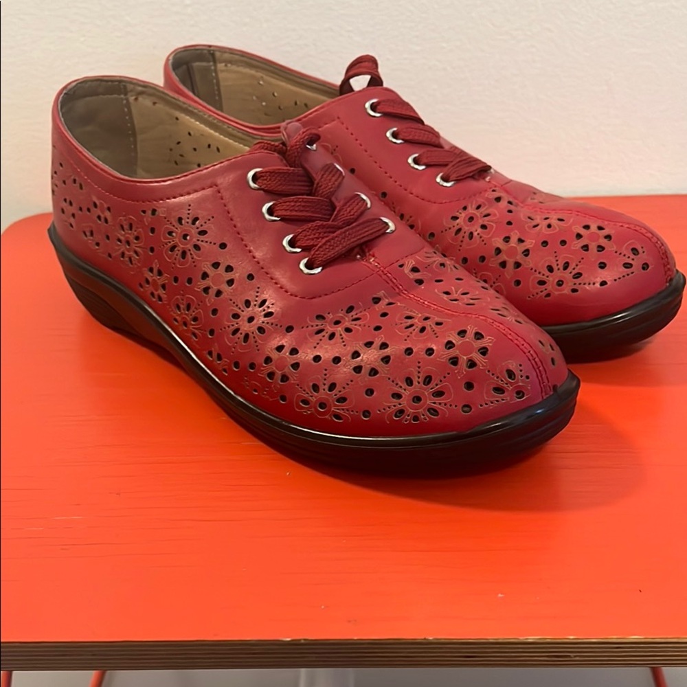 Red Leather Flats with Perforated Design